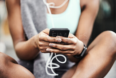 Buy stock photo Hands, exercise and woman with smartphone, fitness and listen to music with break, relax and contact. Closeup, person or girl with cellphone, mobile user and connection with workout or check progress