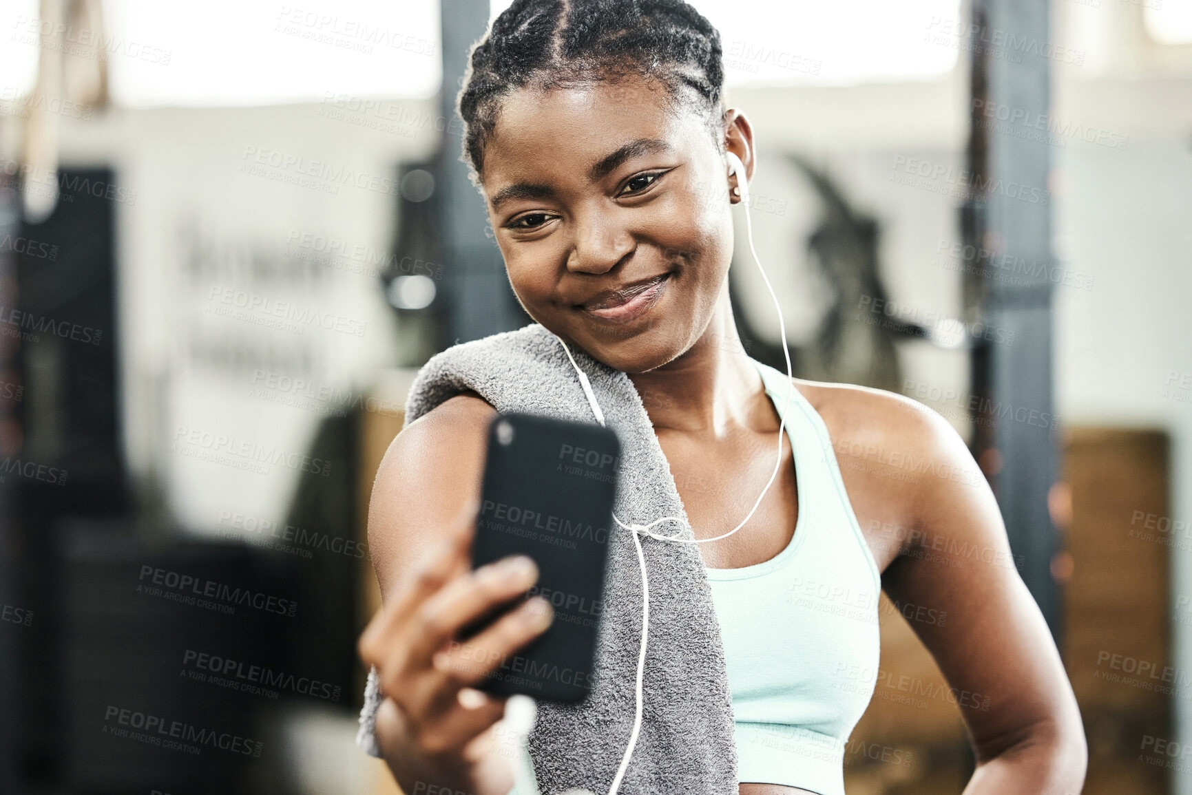 Buy stock photo Gym, fitness or happy black woman in selfie on workout, exercise or training break for social media. Relax, sports or healthy African girl in photo for online profile picture with smile or wellness