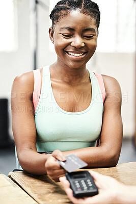 Buy stock photo Credit card, woman and pay for gym membership, sports club customer or payment for fitness subscription. Fintech, ecommerce and athlete buying or paying for workout, training or exercise for health