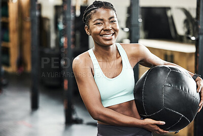 Buy stock photo Fitness, medicine ball and portrait of black woman in gym for strength training or workout. Equipment, exercise and smile with happy sports athlete holding weight in health club for improvement