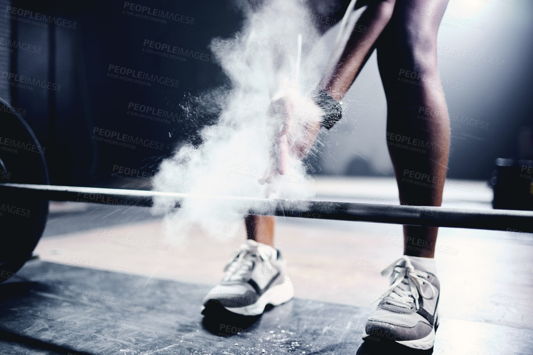 Buy stock photo Barbell, powder and legs of person for workout, exercise and development for sport. Bodybuilder, weights and body of athlete with equipment at gym for wellness, training and healthy progress