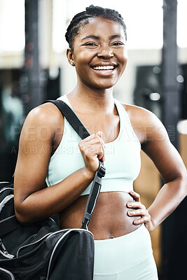 Buy stock photo Bag, fitness and portrait with sports black woman in gym, ready for training or workout. Exercise, smile and strong with happy athlete in health club for challenge, physical activity or improvement