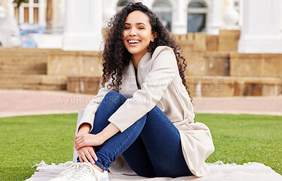 Buy stock photo Portrait, woman and college at the park with happiness for education for learning on lawn. Female student, outdoor and grass with a smile for studying at a university with a scholarship for success.