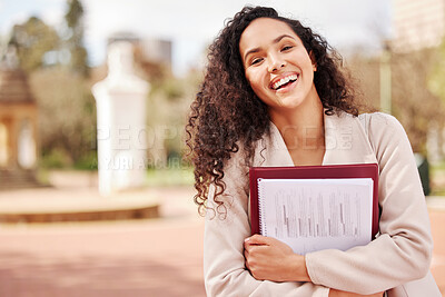 Buy stock photo Smile, textbook and portrait of woman student studying for test, assignment or exam on campus. Happy, university and female person with positive, pride and confident attitude at college academy.