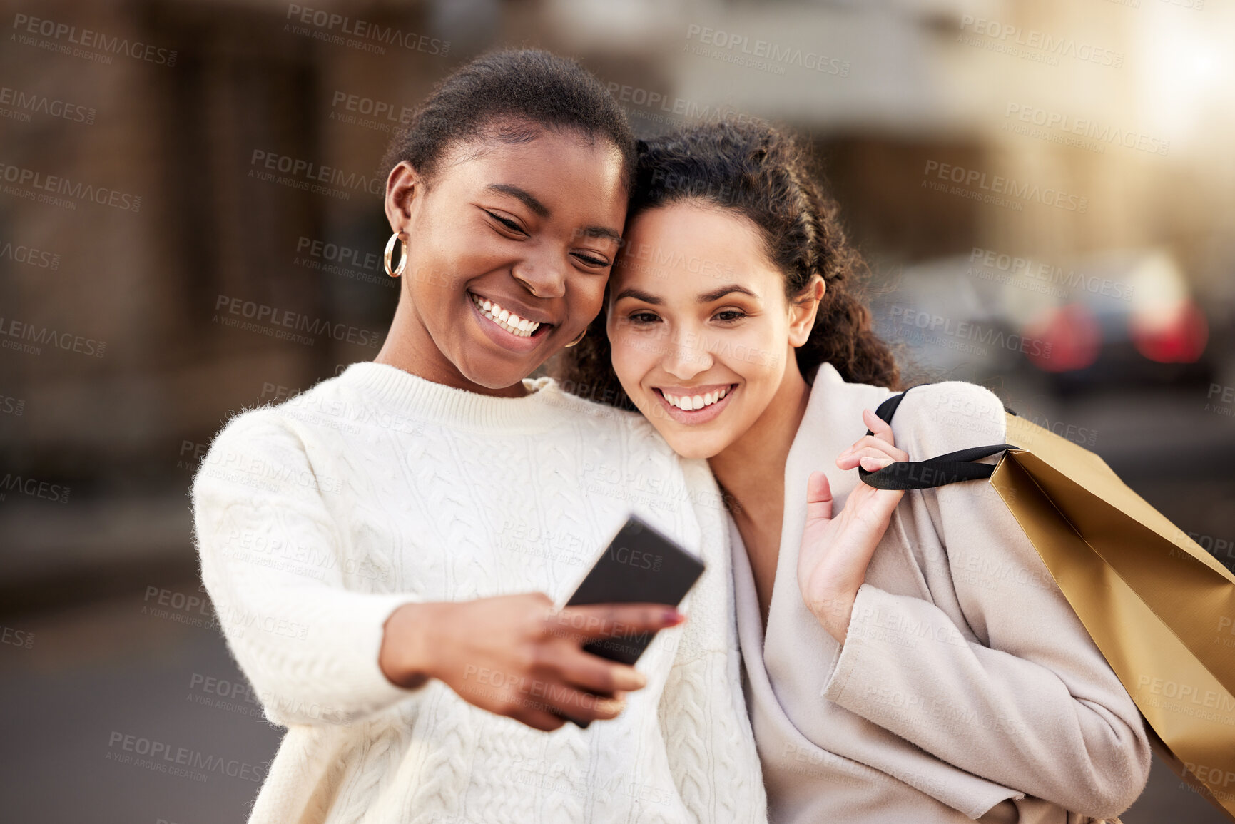 Buy stock photo Selfie, women and smile for online shopping for memory by mall, sale or retail together outdoor by store. Happy people, paper bag and customer for photography, discount and deal for fashion.
