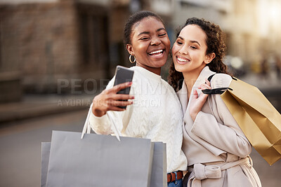 Buy stock photo Selfie, friends and paper bag for photography for memory by mall, sale or retail together outdoor by store. Happy people, smile and women or customer for online shopping, discount and fashion