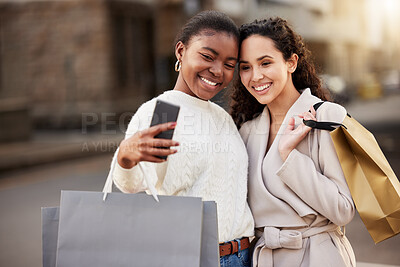 Buy stock photo Selfie, people and paper bag for photography for memory by mall, sale or retail together outdoor by store. Happy women, smile and friends with city for online shopping, discount and fashion.