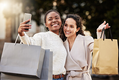Buy stock photo Selfie, smile and women for photography for memory by mall, sale or retail together outdoor by store. Happy people, lens flare and friends with smartphone for online shopping, discount and fashion