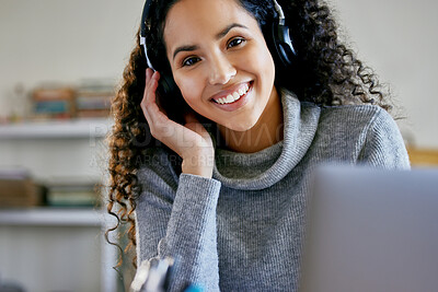 Buy stock photo Woman, student and headphones in home for portrait, smile and laptop for streaming with education. Girl, happy and listening to music with inspiration for studying, development and elearning in house