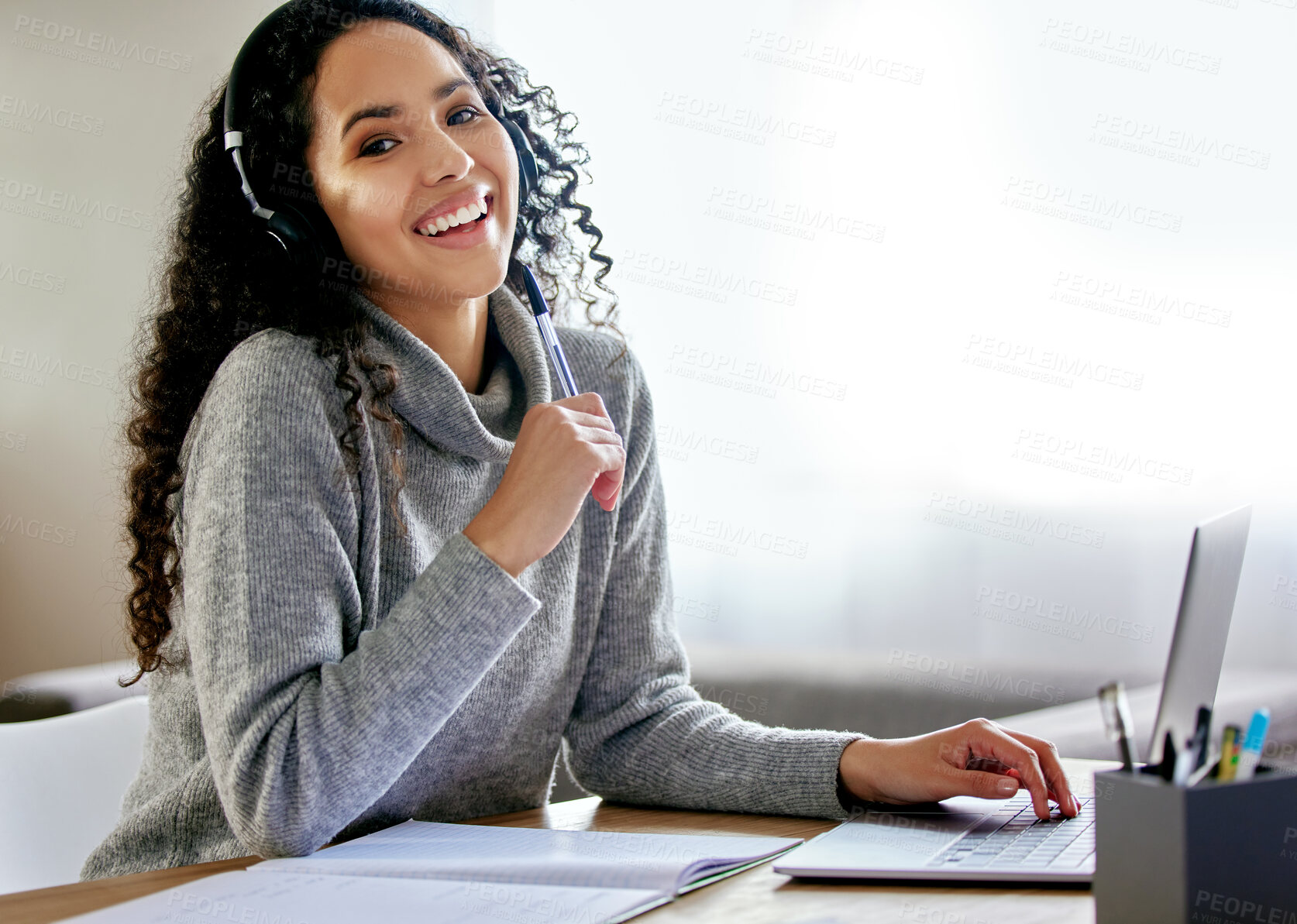 Buy stock photo Girl, student and headphones in home for portrait, smile and laptop for streaming with education. Woman, happy and listening to music with inspiration for studying, development and elearning in house