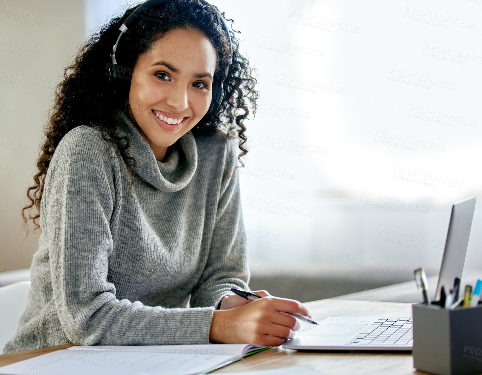 Buy stock photo Girl, student and headphones in house for portrait, smile and laptop for streaming with education. Woman, happy and listen to music with inspiration for studying, development and e learning in home