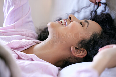 Buy stock photo Woman, happy or morning in bedroom with stretch for wake up rest and relax sleep. Excited, female person and head on pillow with smile for peace, comfort and lazy weekend feeling fresh or cosy