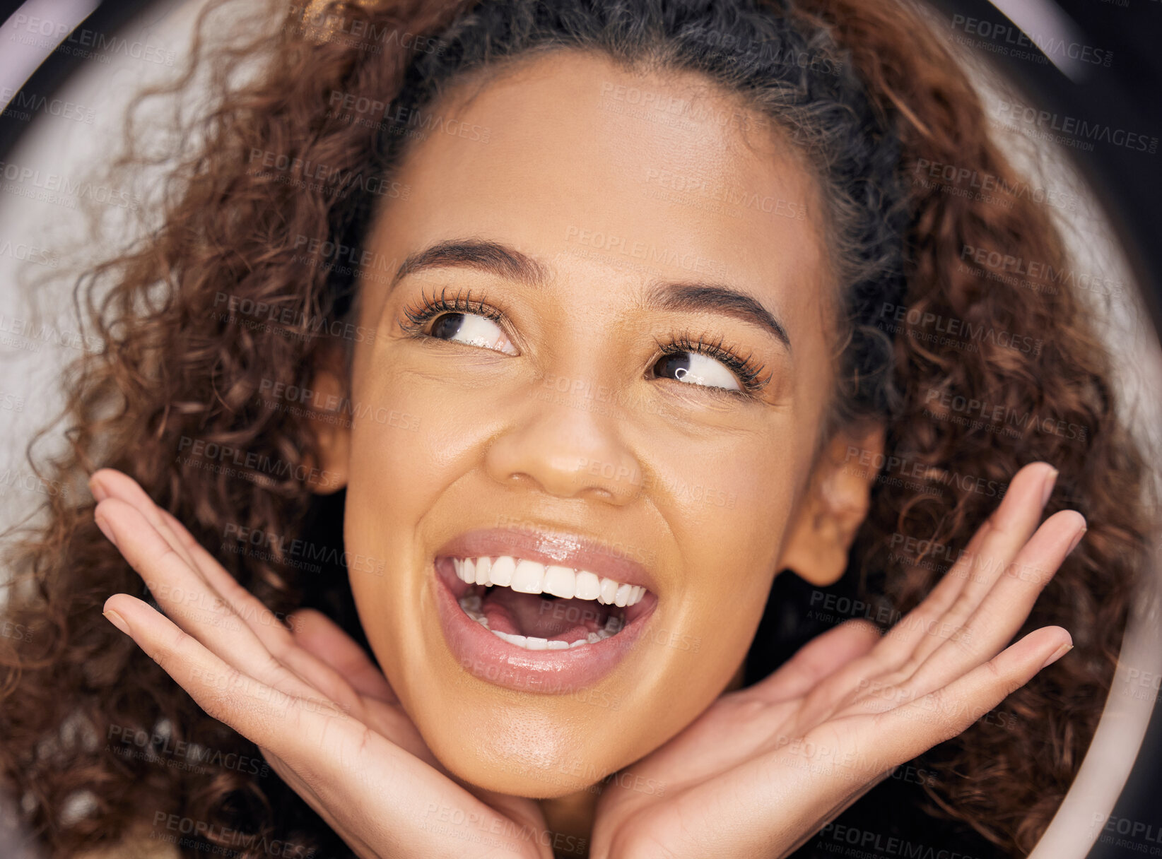 Buy stock photo Gen z, woman and happy in studio for skincare, beauty and cosmetics or collagen for wellness. Excited, Brazilian female person and smile for dermatology, glow and microblading results in salon