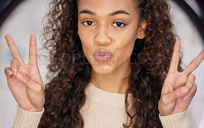 Buy stock photo Peace sign, portrait and woman kiss in studio for skincare, beauty and cosmetics or collagen for wellness. Gen Z, female person and pride for dermatology, glow and microblading results in salon