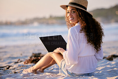 Buy stock photo Portrait, woman and laptop on beach for blog, social media and remote work in nature. Freelance writer, happy and computer outdoors in summer for article, networking and travel journal at sunset