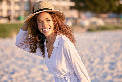 Buy stock photo Portrait, travel and woman in beach, enjoy and hat for sunshine, morning and holiday in summer. Peace, relax and person on vacation, ocean and outdoor for happiness, tropical and smile for Cancun