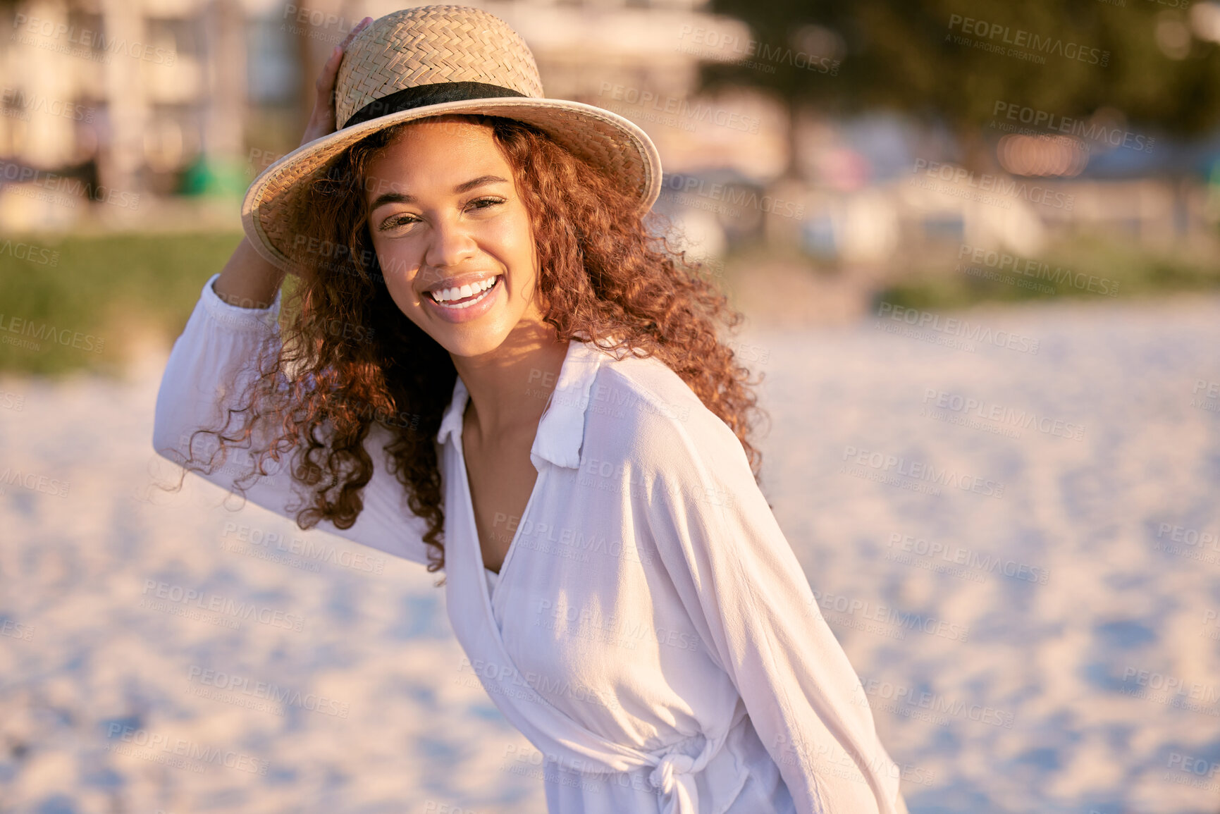 Buy stock photo Portrait, travel and woman in beach, enjoy and hat for sunshine, morning and holiday in summer. Peace, relax and person on vacation, ocean and outdoor for happiness, tropical and smile for Cancun