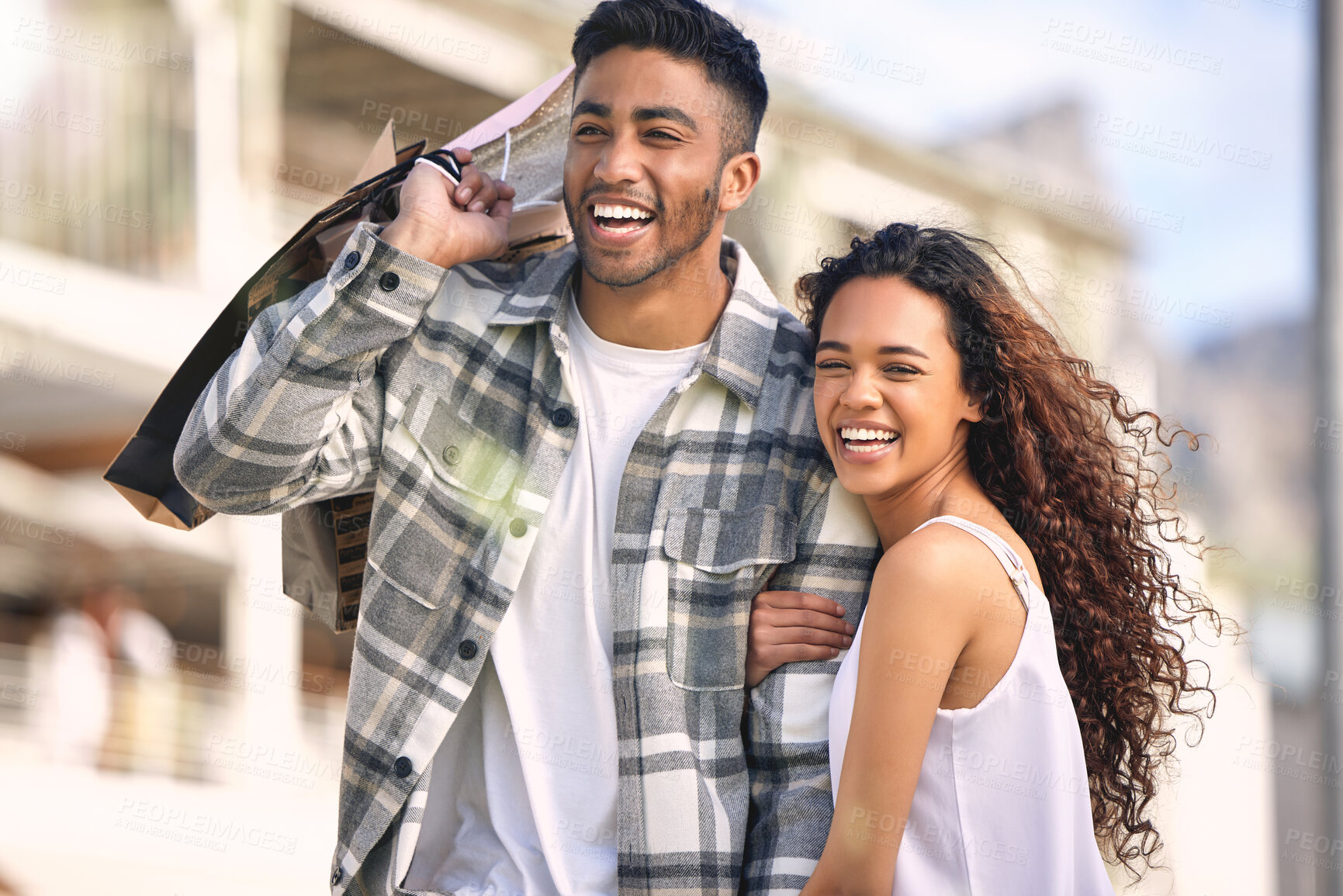 Buy stock photo Couple, shopping and bags for retail in mall, fashion and customer for clothing and discount. Love, romance or decision for product on sale or promotion, boutique or man and woman people on honeymoon