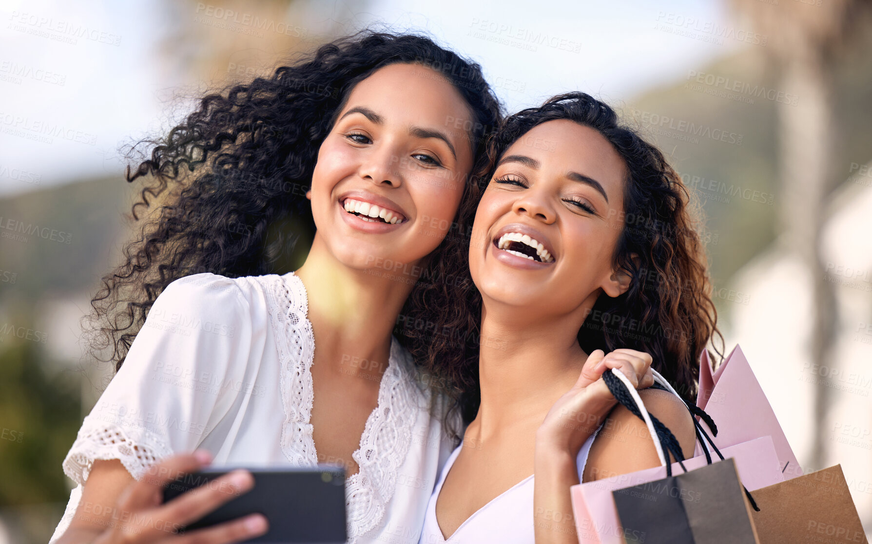 Buy stock photo Phone, selfie and friends or women with shopping bag, city photography and happy sale, discount or deal for retail. Face of influencer, african people or customer in profile picture for fashion promo