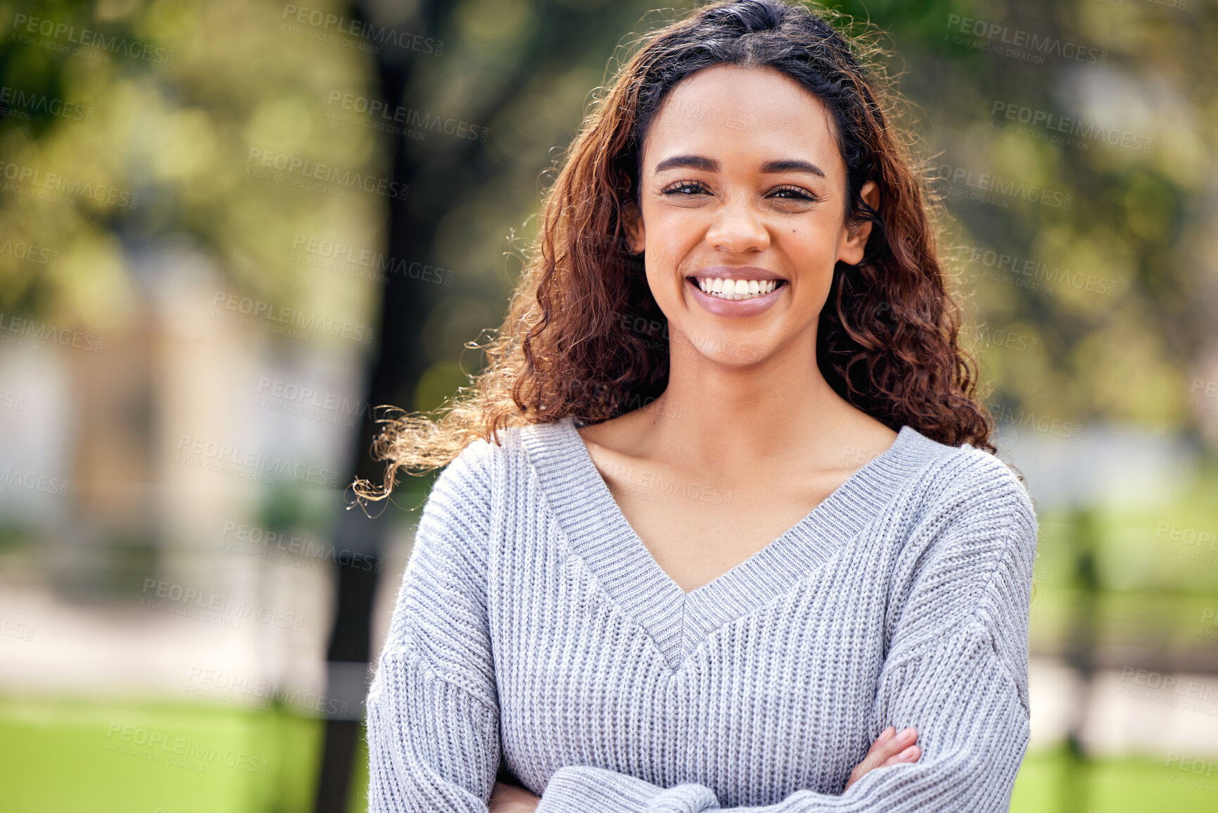 Buy stock photo Happy, portrait of black woman and arms crossed in a nature park outdoors. Happiness or positive, confident or proud and excited or cheerful African female person outside for health wellness.