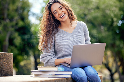 Buy stock photo Woman student, laptop and books at a park outdoor for education, research or studying. Happy female on university or college campus in nature with tech for internet and remote, virtual or e learning