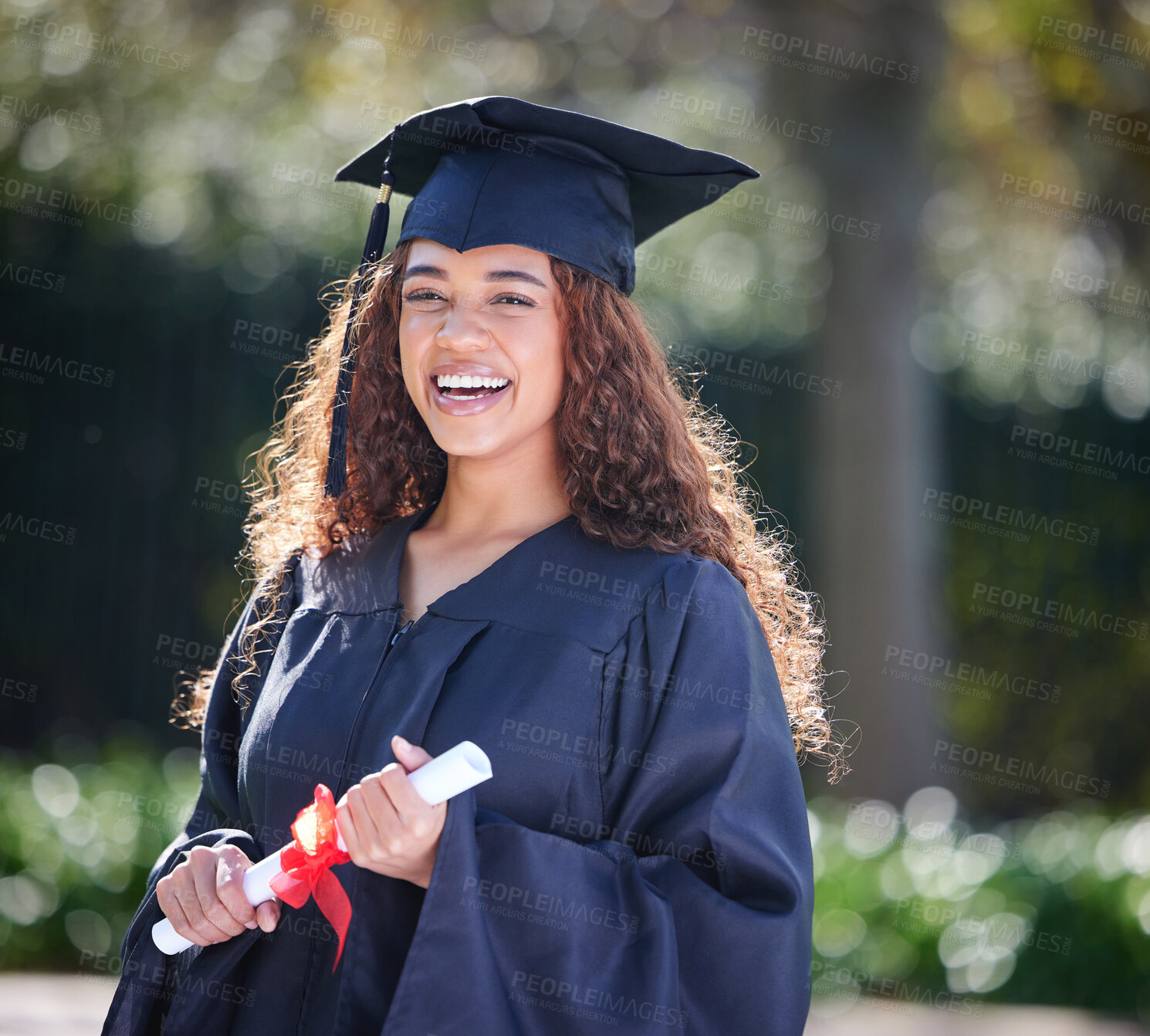 Buy stock photo Graduation, education and portrait of woman at college with diploma certificate for learning, scholarship and achievement. Study, smile and university with student on campus for success and event