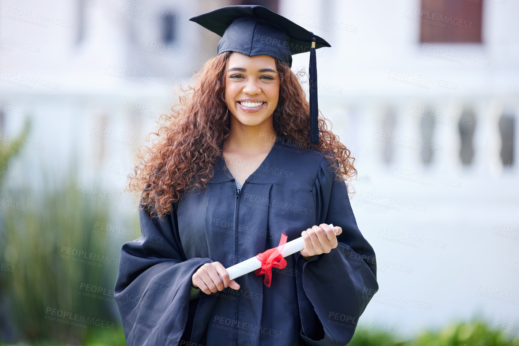 Buy stock photo Success, portrait of college student and on graduation day at her campus outside with her certificate. Achievement, graduate and happy female person smile with her diploma at university outdoors