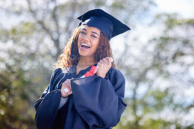 Buy stock photo Graduation, woman and portrait with excited at college for success, growth and achievement in Brazil. Female student, happy and certificate outdoors for pride, goals and education in university