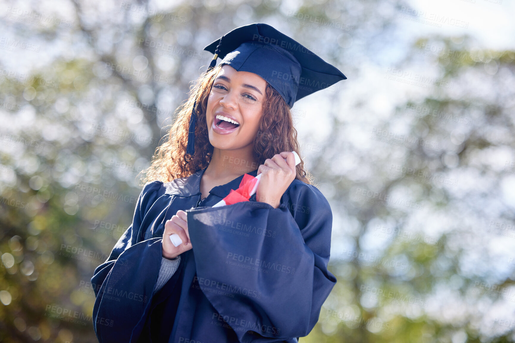 Buy stock photo Graduation, woman and portrait with excited at college for success, growth and achievement in Brazil. Female student, happy and certificate outdoors for pride, goals and education in university