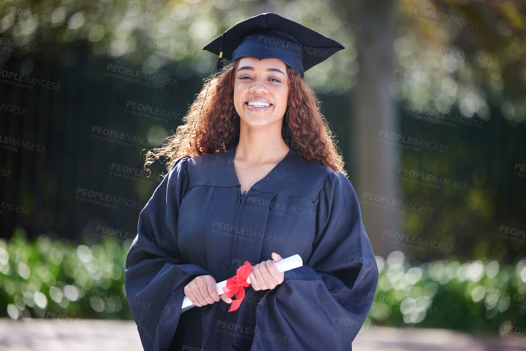 Buy stock photo Graduation, happy and portrait of woman at college with diploma certificate for learning, scholarship or achievement. Study, goal and university with student on campus for success, education or event