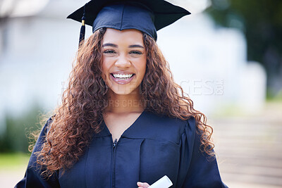 Buy stock photo Graduation, woman and portrait with smile at college for success, growth and achievement in Brazil. Female student, happy and certificate outdoors for pride, goals and education in university