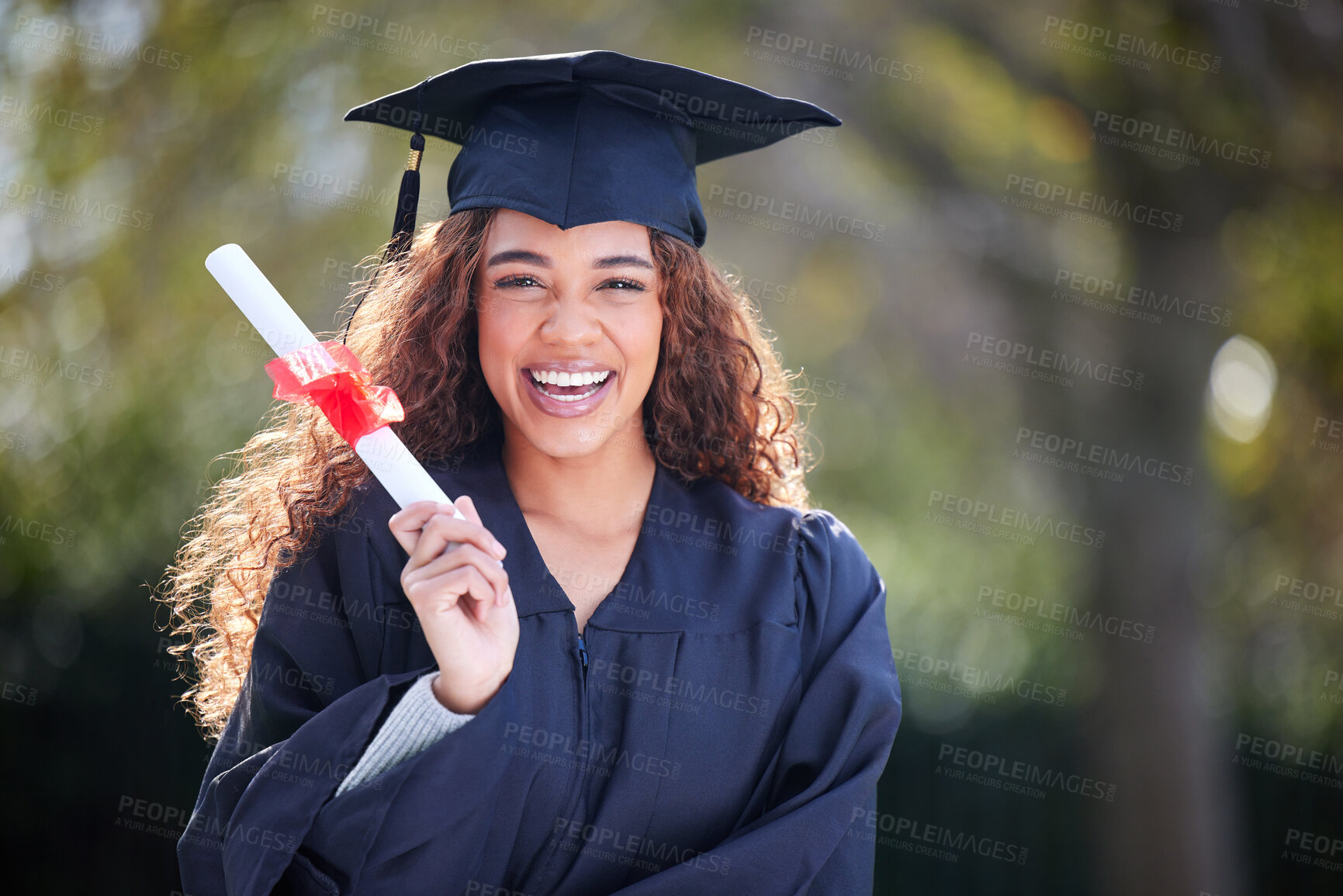 Buy stock photo Woman, graduation and portrait with smile at college for success, growth and achievement in Brazil. Female student, happy and certificate outdoors for pride, goals and education in university