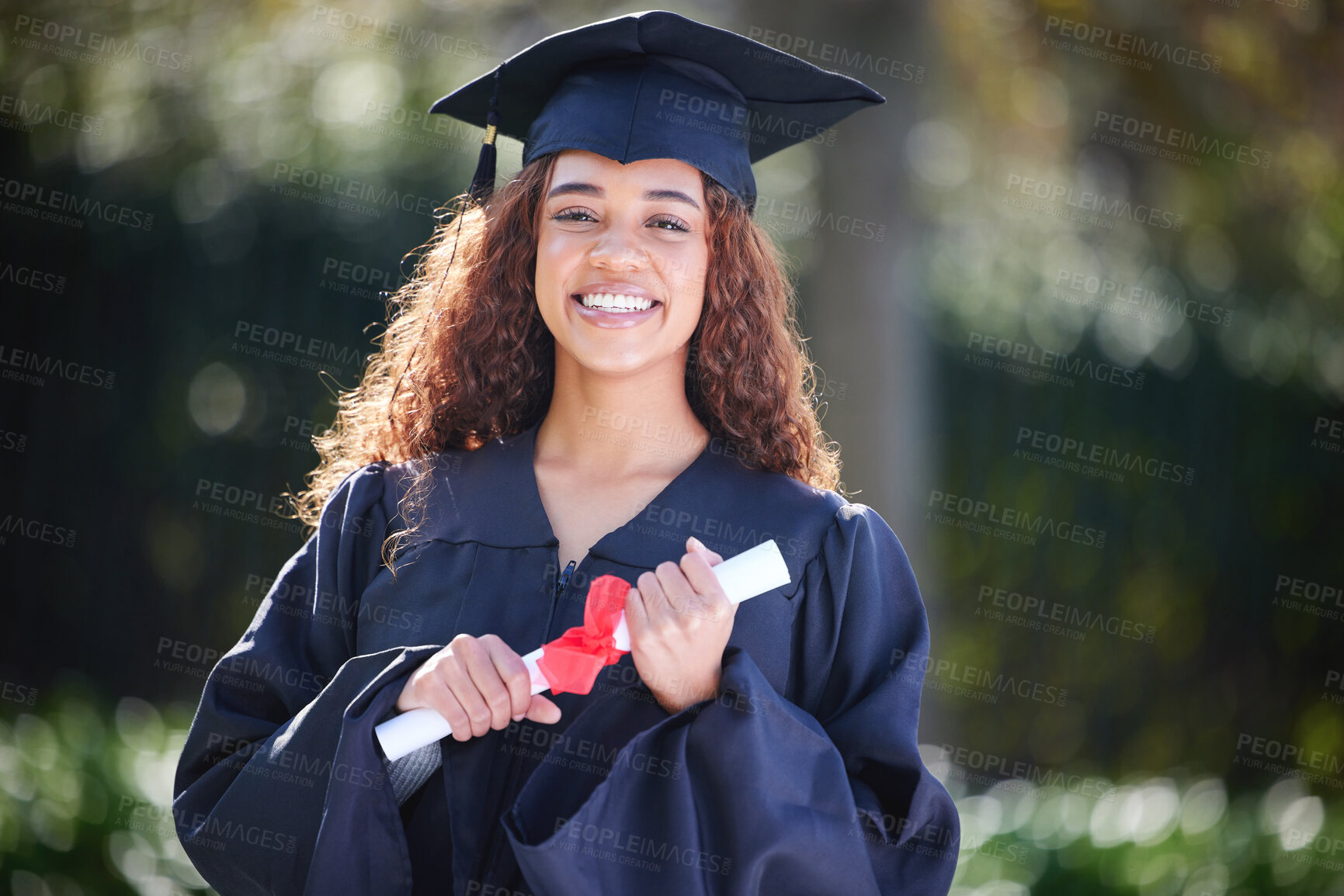 Buy stock photo Graduation, smile and portrait of woman at college with diploma certificate for learning, scholarship or achievement. Study, goal and university with student on campus for success, education or event