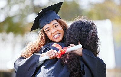 Buy stock photo Women friends, hug and graduation diploma with smile, celebration or solidarity for success at college. University students, girl and portrait with certificate, pride and excited with congratulations