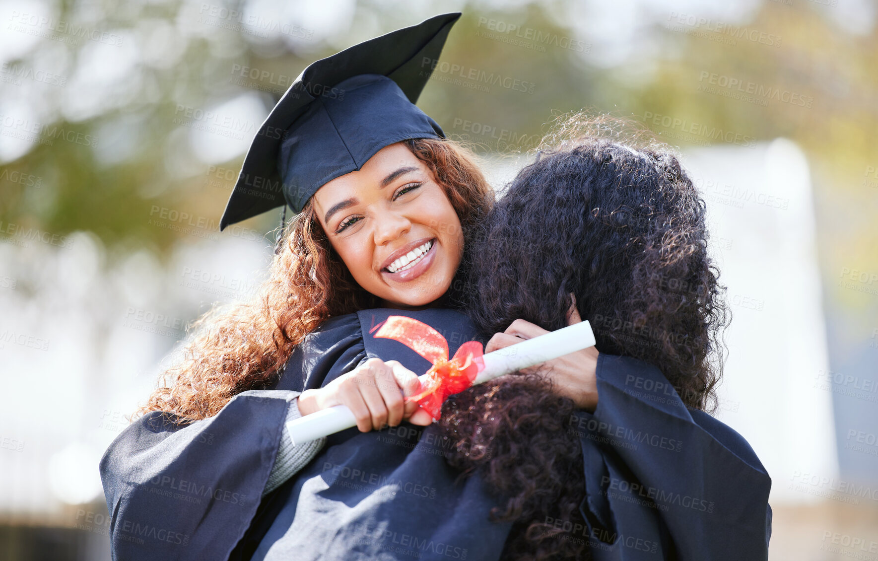 Buy stock photo Women friends, hug and graduation diploma with smile, celebration or solidarity for success at college. University students, girl and portrait with certificate, pride and excited with congratulations