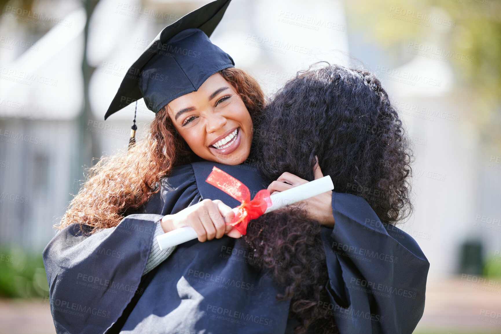 Buy stock photo Women friends, hug and graduation certificate with smile, celebration or solidarity for success at college. University students, girl and portrait with diploma, pride and excited with congratulations