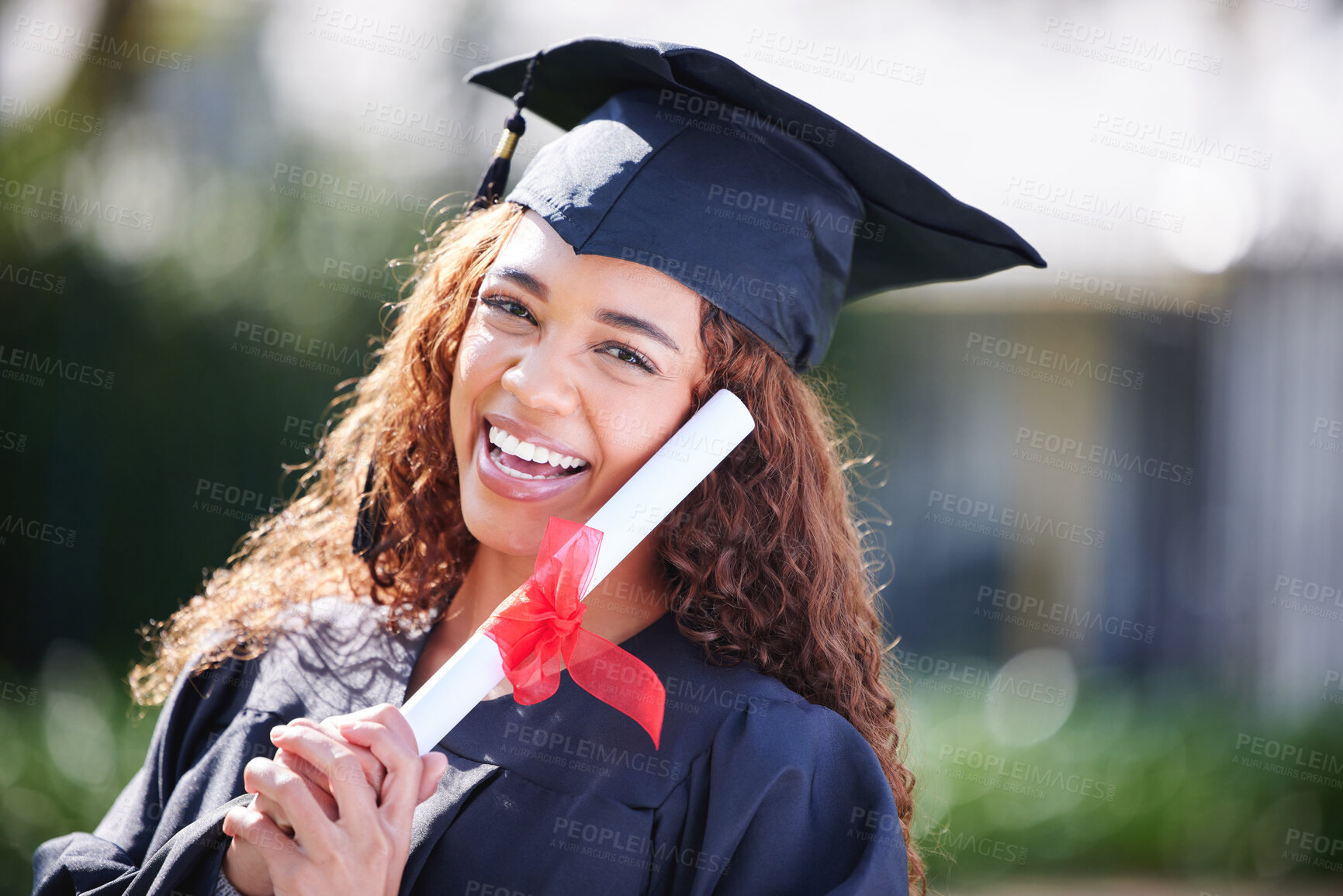 Buy stock photo Graduation, diploma and portrait of woman at college with certificate for learning, scholarship and future. Study, goal and university with female student on campus for success, education and event