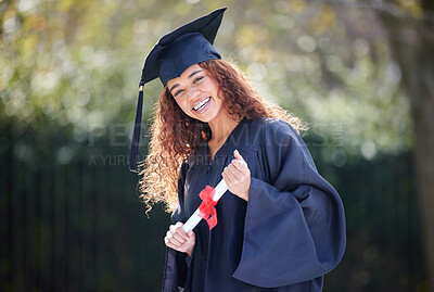 Buy stock photo University, smile and portrait of woman at graduation in park, outdoor campus or event with diploma. Certificate, pride and happy student with college education, opportunity or scholarship success