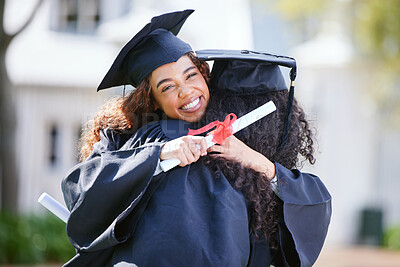 Buy stock photo Portrait, hug and women at graduation in park, outdoor campus or university event with diploma. Congratulations, friends and students with college certificate, education or opportunity with support