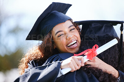 Buy stock photo College, hug and women at graduation in park, outdoor campus event with diploma and success. Certificate, friends and happy students with university achievement, education or opportunity with support