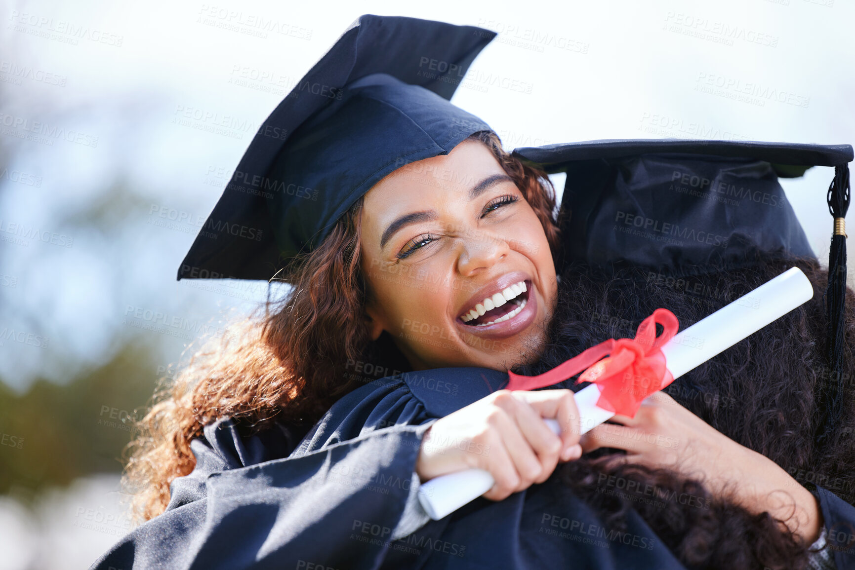 Buy stock photo College, hug and women at graduation in park, outdoor campus event with diploma and success. Certificate, friends and happy students with university achievement, education or opportunity with support