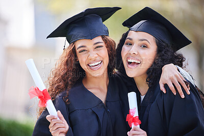 Buy stock photo Graduation, diploma and portrait of friends at college with certificate for learning, scholarship and achievement. Study, hug and university with women on campus for success and education event