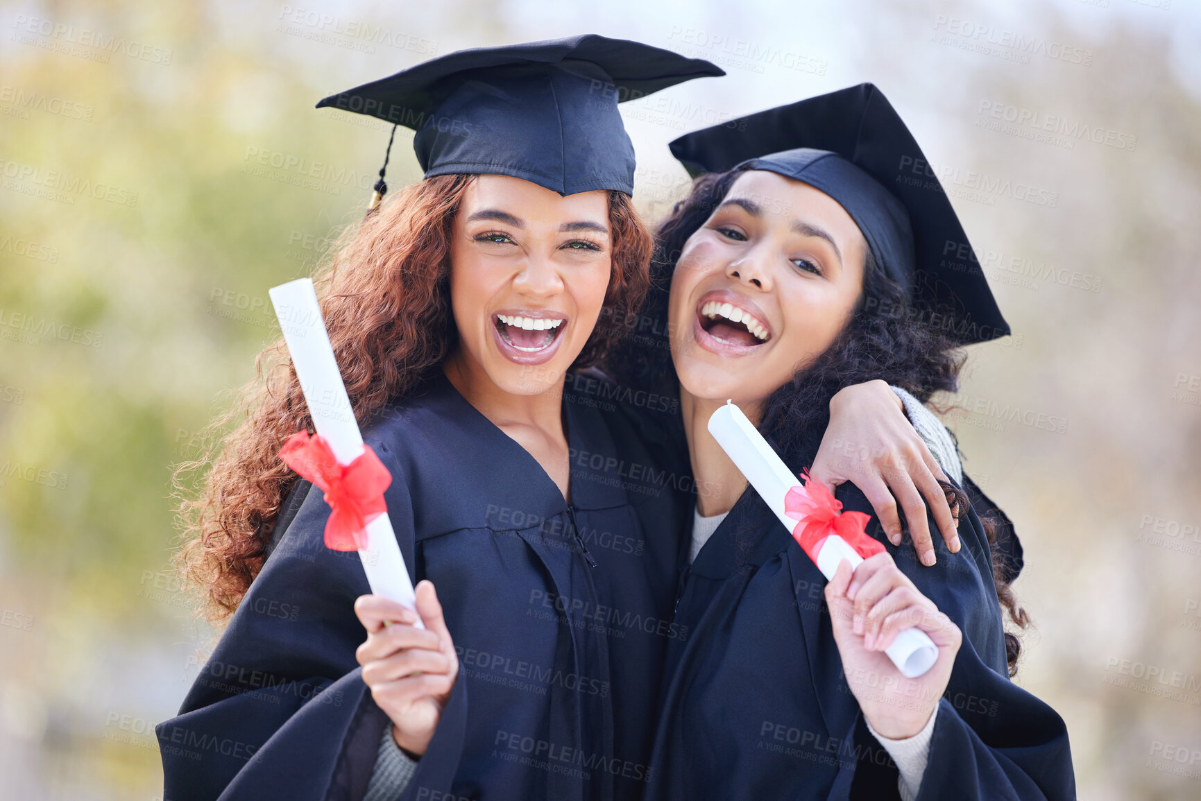 Buy stock photo Graduation, learning and portrait of friends at college with diploma certificate for education, scholarship and achievement. Study, hug and university with women on campus for success and event