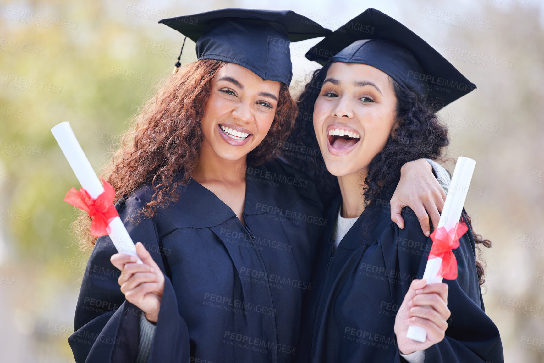 Buy stock photo Graduation, education and portrait of friends at college with diploma certificate for learning, scholarship and achievement. Study, hug and university with students on campus for success and event