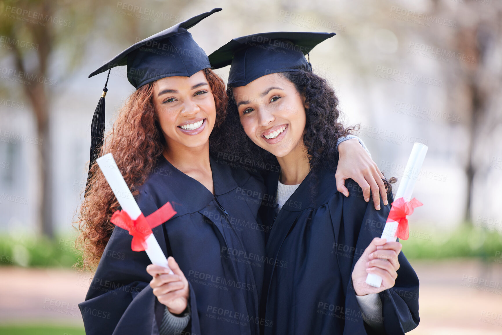 Buy stock photo Women friends, portrait and graduation certificate with smile, celebration and solidarity for success at college. University students, girl and hug with diploma, pride and excited for future at event