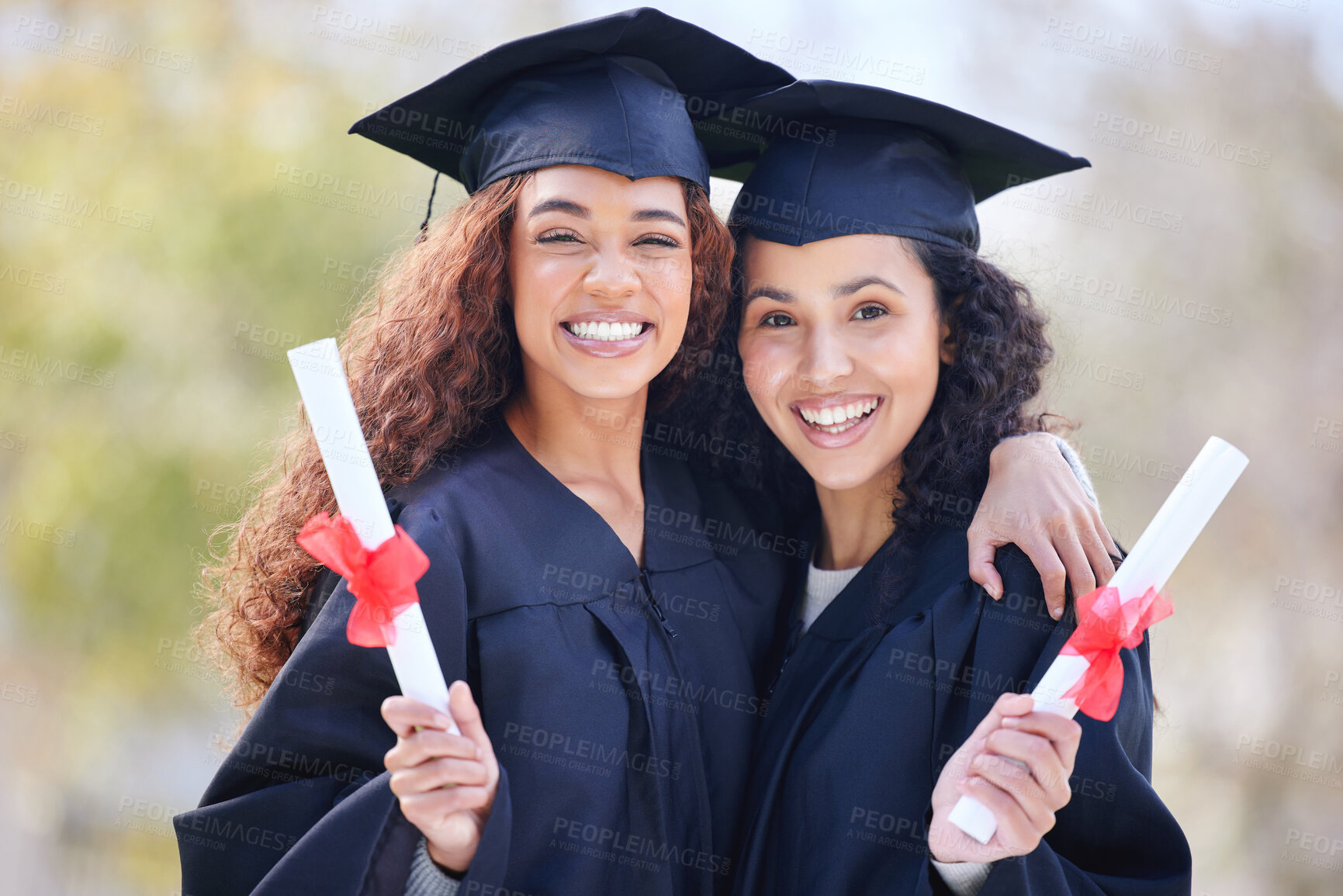 Buy stock photo Graduation, university and portrait of friends at college with diploma certificate for learning, scholarship and achievement. Study, hug and education with women on campus for success and event