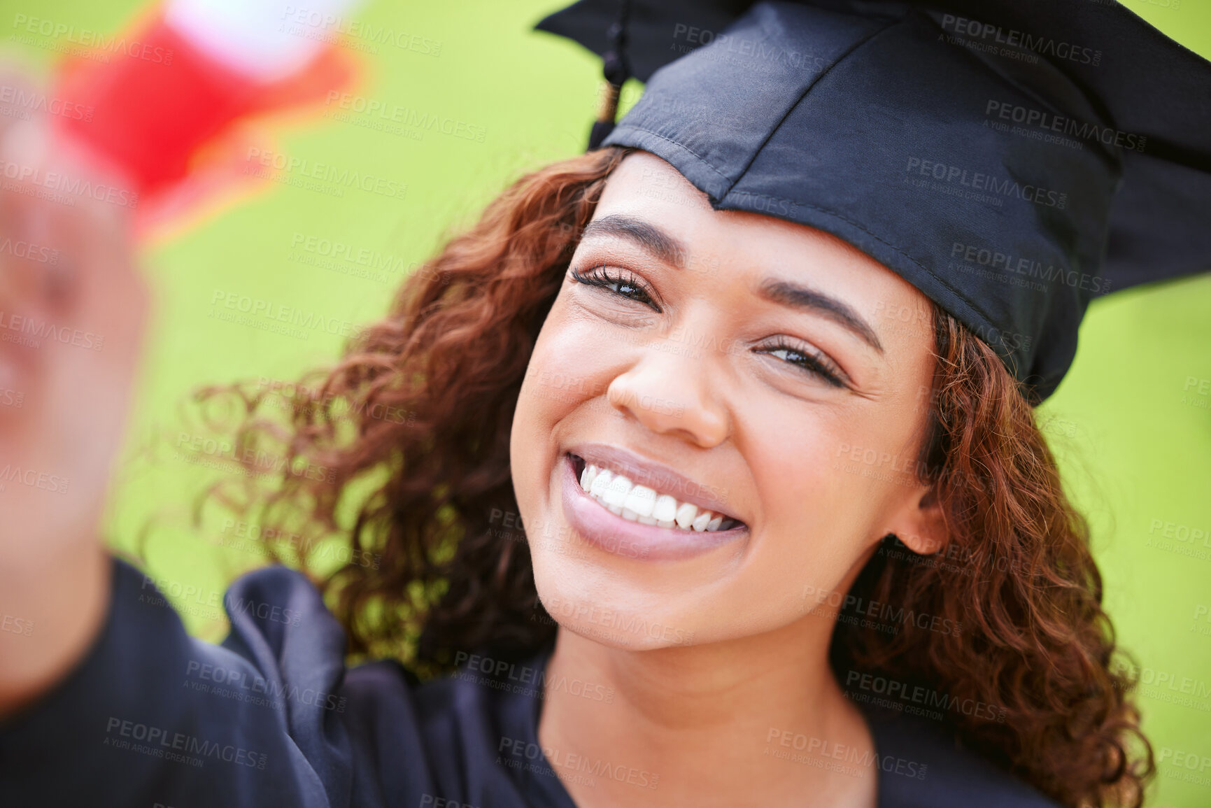 Buy stock photo Young woman, graduate and portrait with certificate, smile and celebration for success, goal and dream at college. University student, girl and happy with diploma, pride and excited for graduation