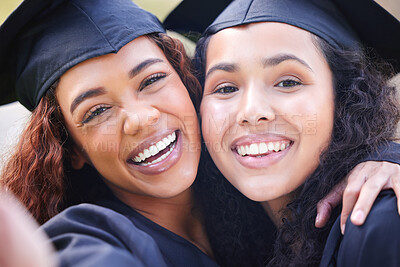 Buy stock photo Women friends, hug and graduation selfie in portrait with smile, celebration or solidarity for success at college. University students, girl and hug with diploma, pride or excited for future at event