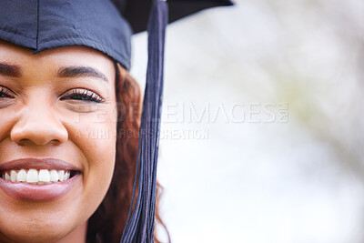 Buy stock photo University, mockup and portrait of happy woman at graduation in park, outdoor campus or event. Confidence, pride and student with certified college education, opportunity or scholarship achievement