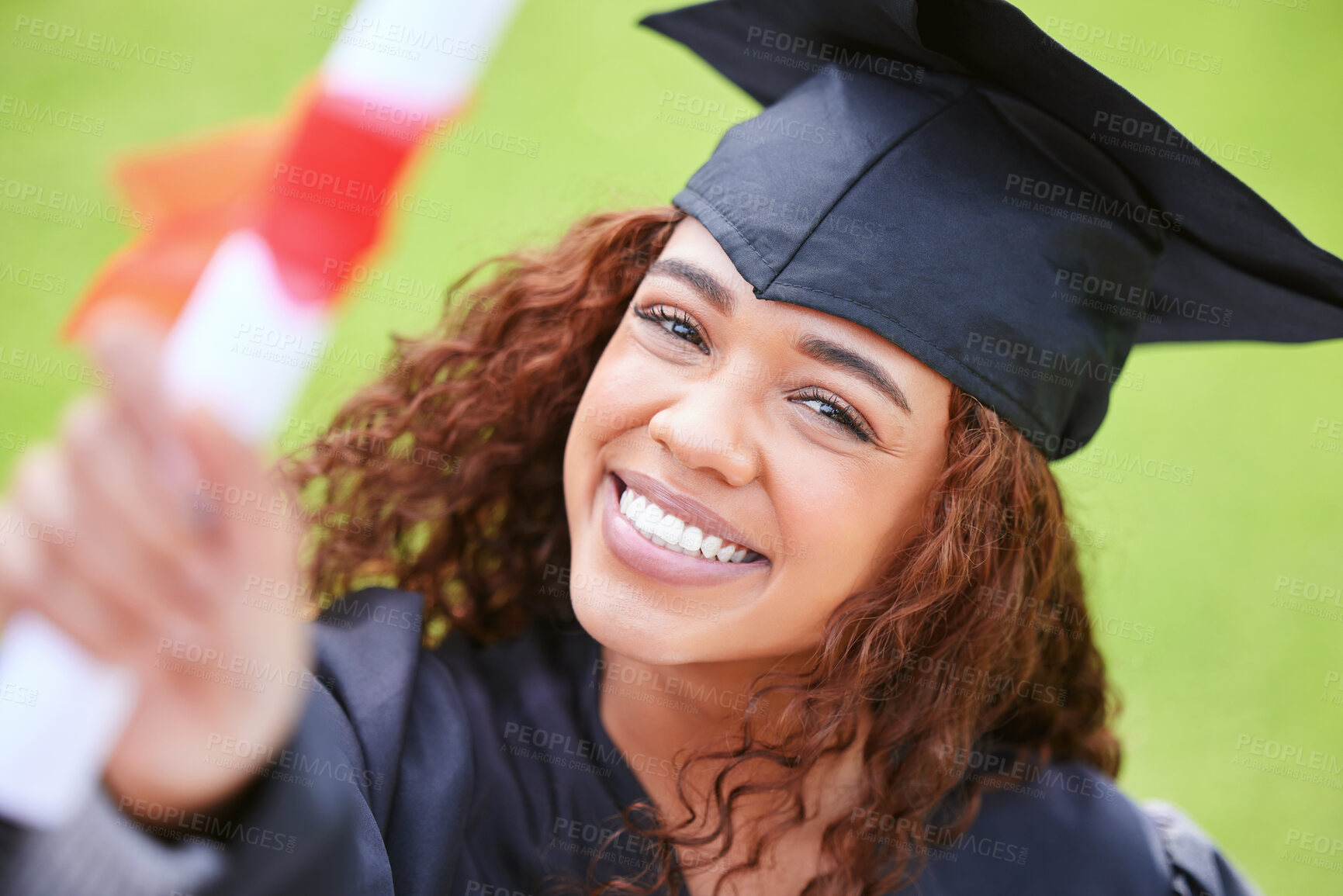 Buy stock photo Young woman, graduation portrait and certificate with smile, celebration and success with goal, dream and college. University student, girl graduate and happy with diploma, pride and achievement